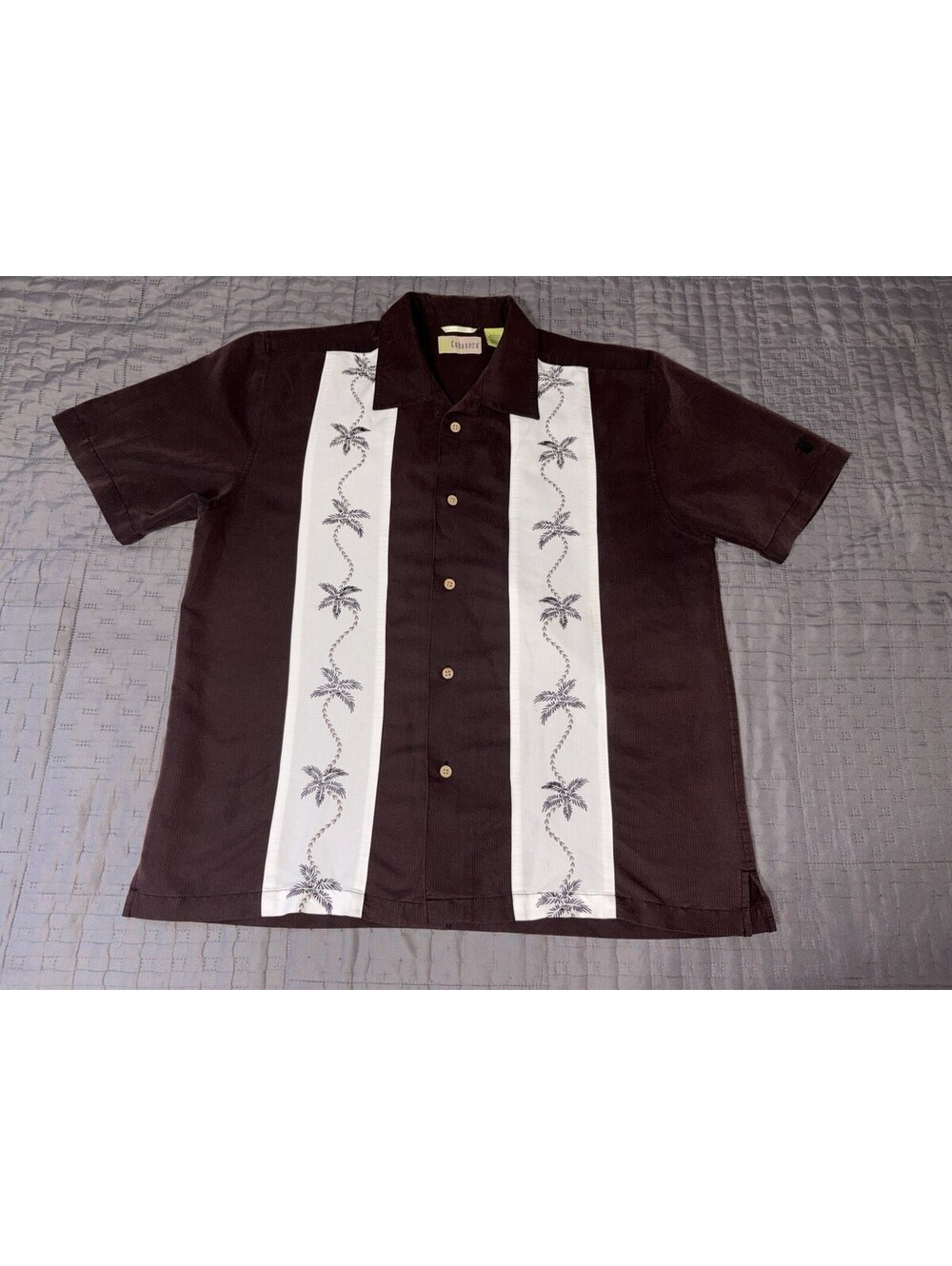 Cubavera Mens Large Brown Palm Tree Embroidered Cuban Camp Shirt Rayon Blend